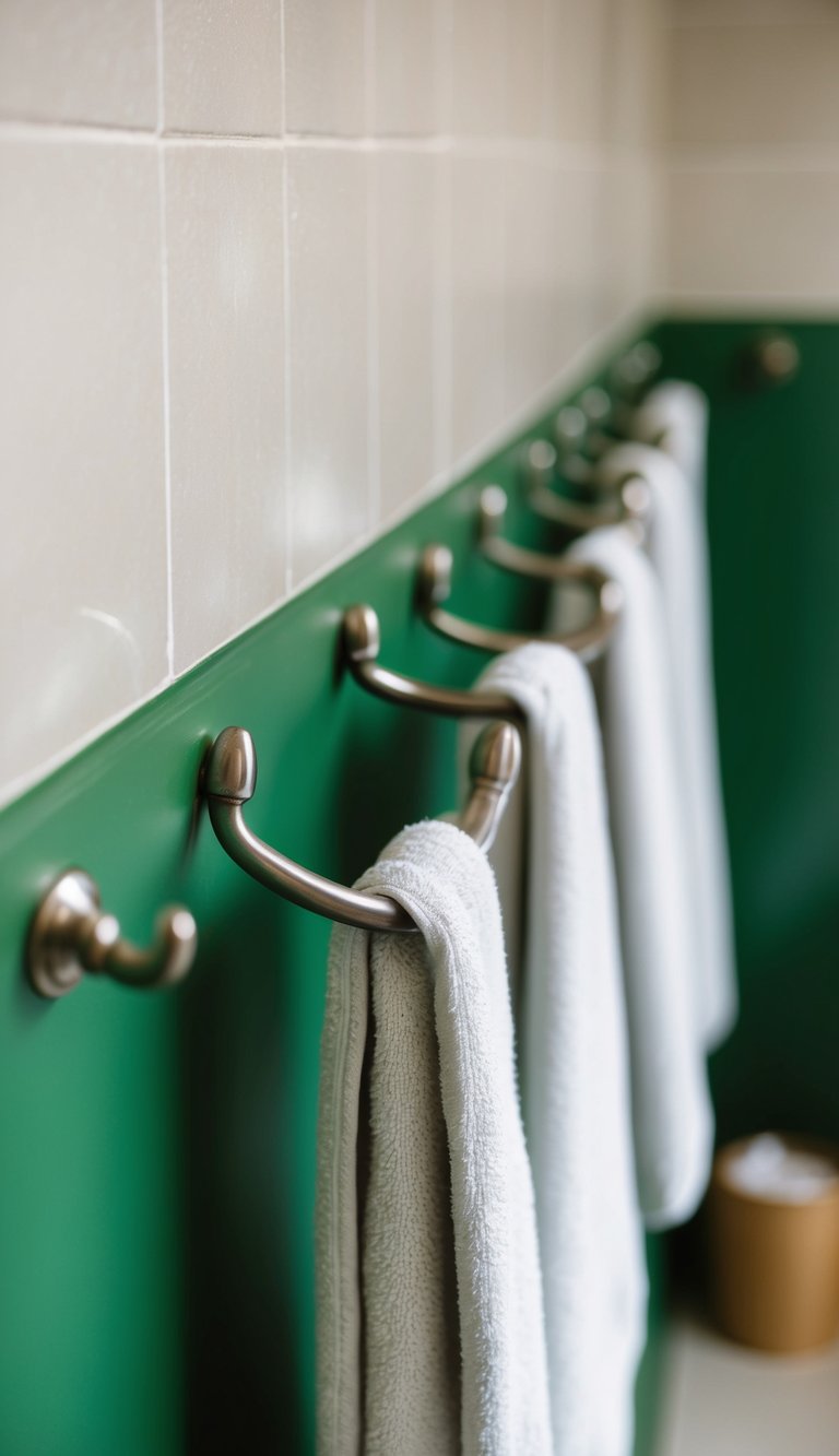 A row of recycled metal towel hooks in a green bathroom