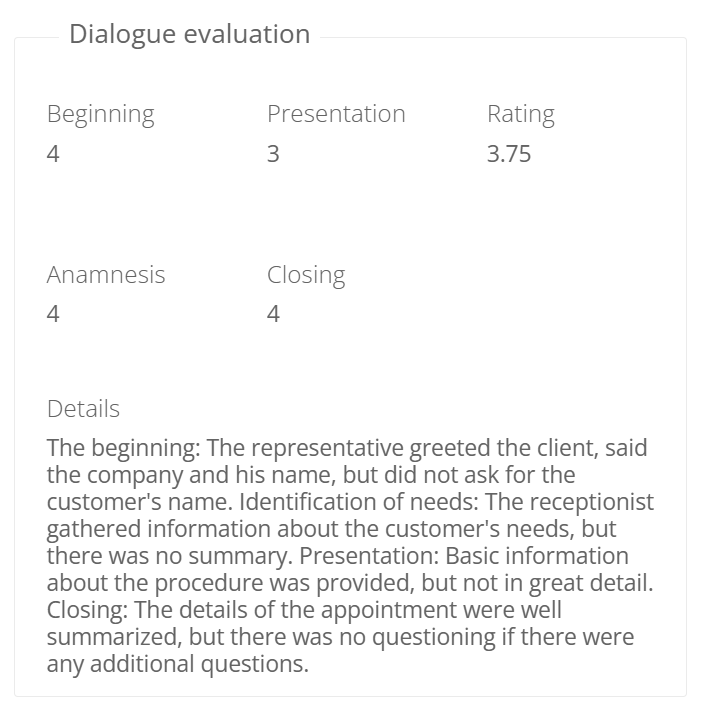 AI Ringostat, Score for each stage of the dialog and employee errors