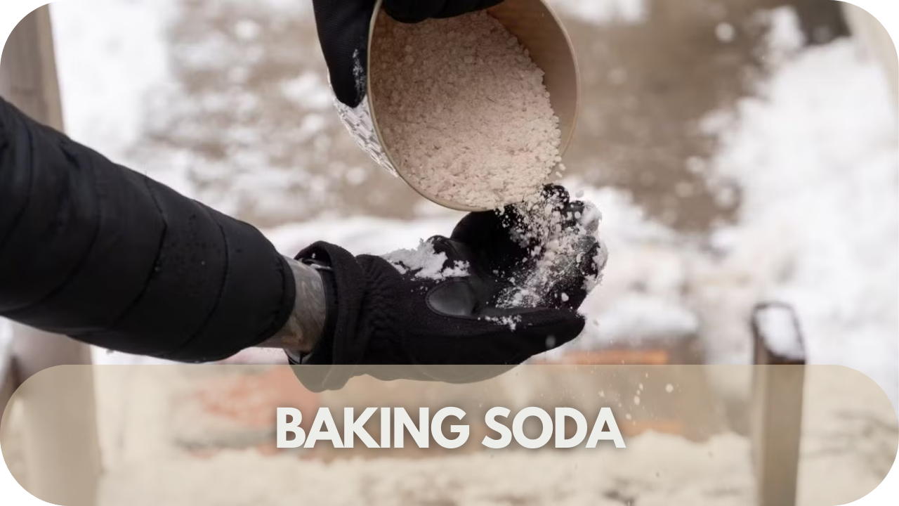 Baking soda sprinkled on icy paving stones as a natural de-icing alternative.