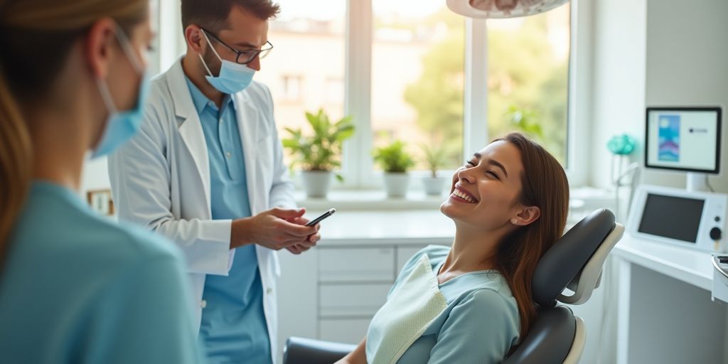 Smiling dentist with patient in a modern dental office.