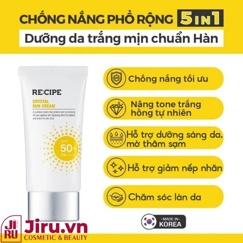 Với Recipe Suncream, bạn sẽ sở hữu kem chống nắng cao cấp, vừa bảo vệ da tối ưu, vừa nâng tông trắng hồng rạng rỡ.