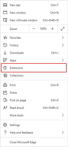 Extensions selector in Edge.