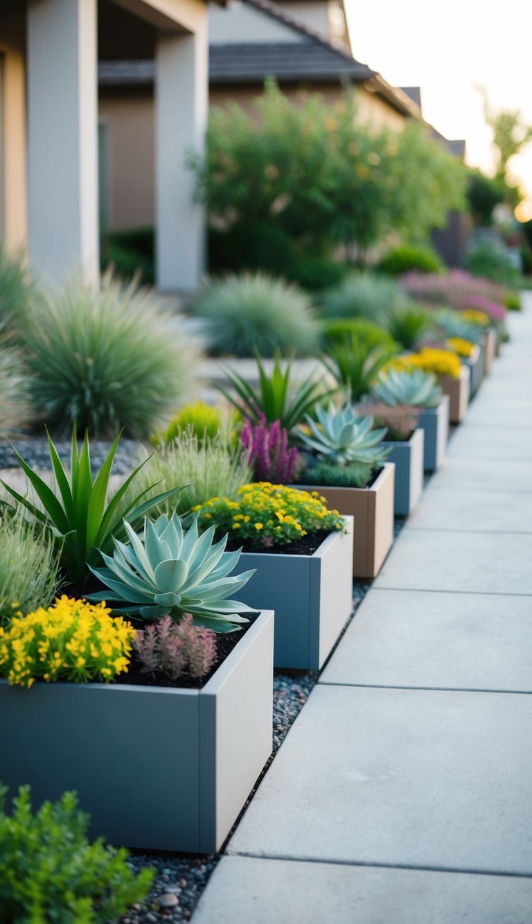 A row of ground-level planters filled with drought-tolerant plants lines the front yard, creating a colorful and low-maintenance landscape