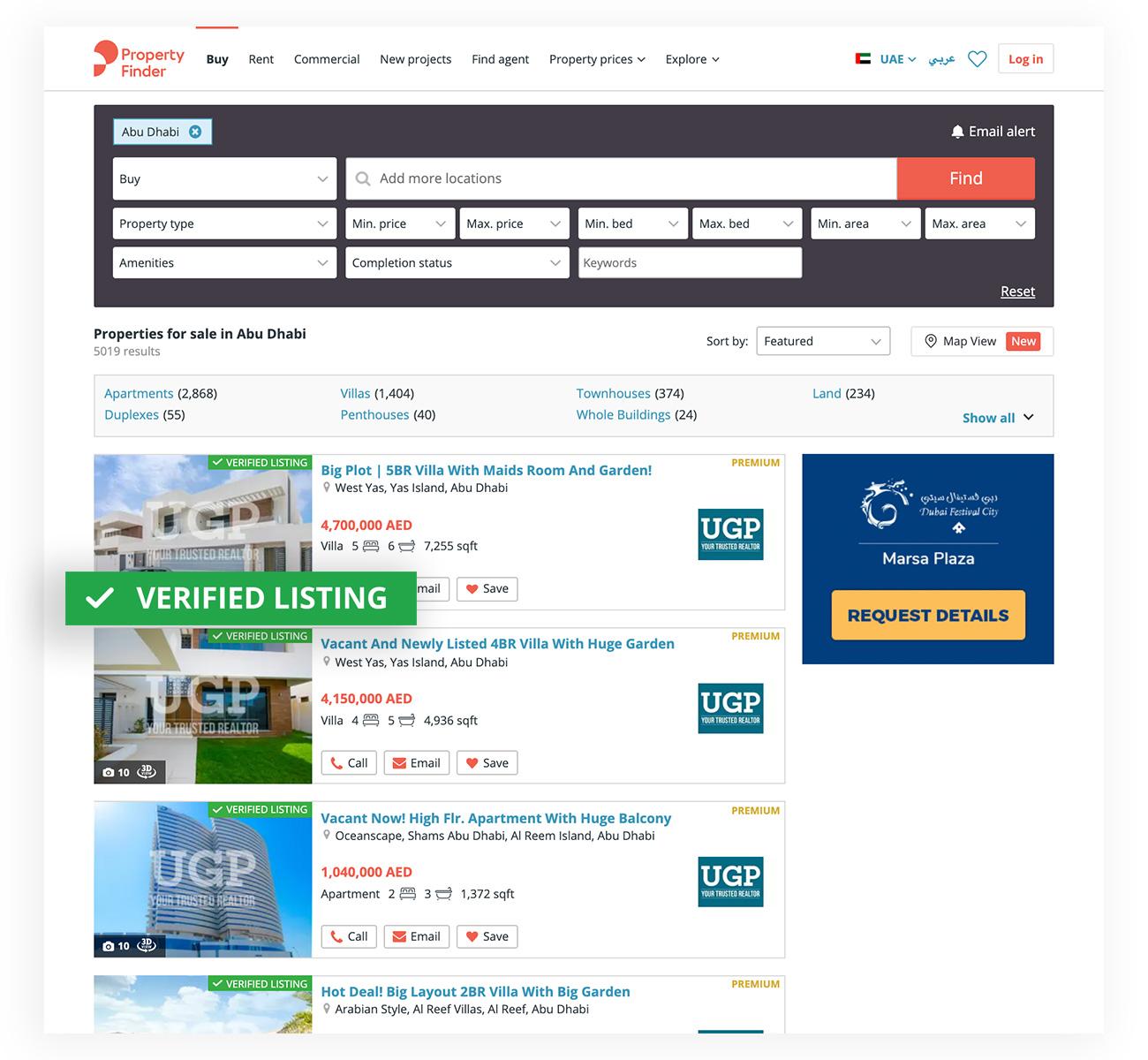 Verified properties on Property Finder's interface.