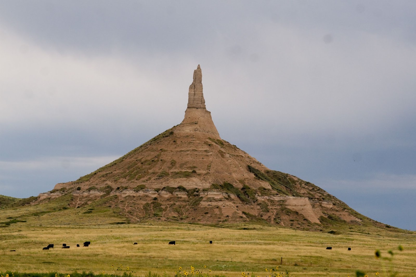 Chimney Rock standing tall against a clear blue sky, showing its unique shape.