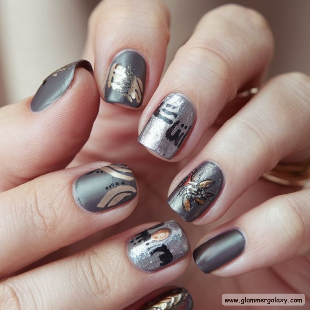 Winter Gray Nails having Eclectic Mix and Match Designs
