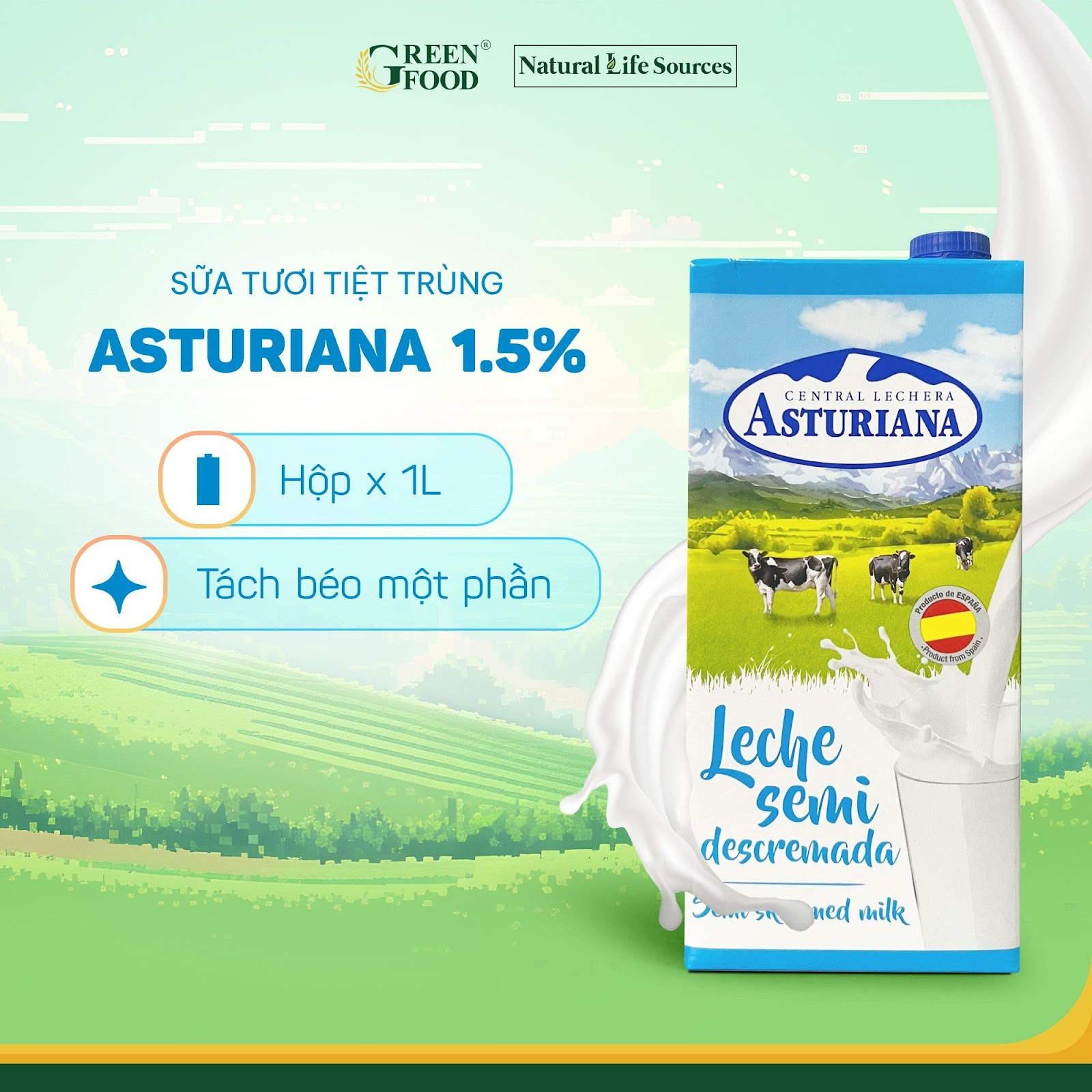  Sữa tươi ít béo Asturiana từ Tây Ban Nha - Hộp 1L 