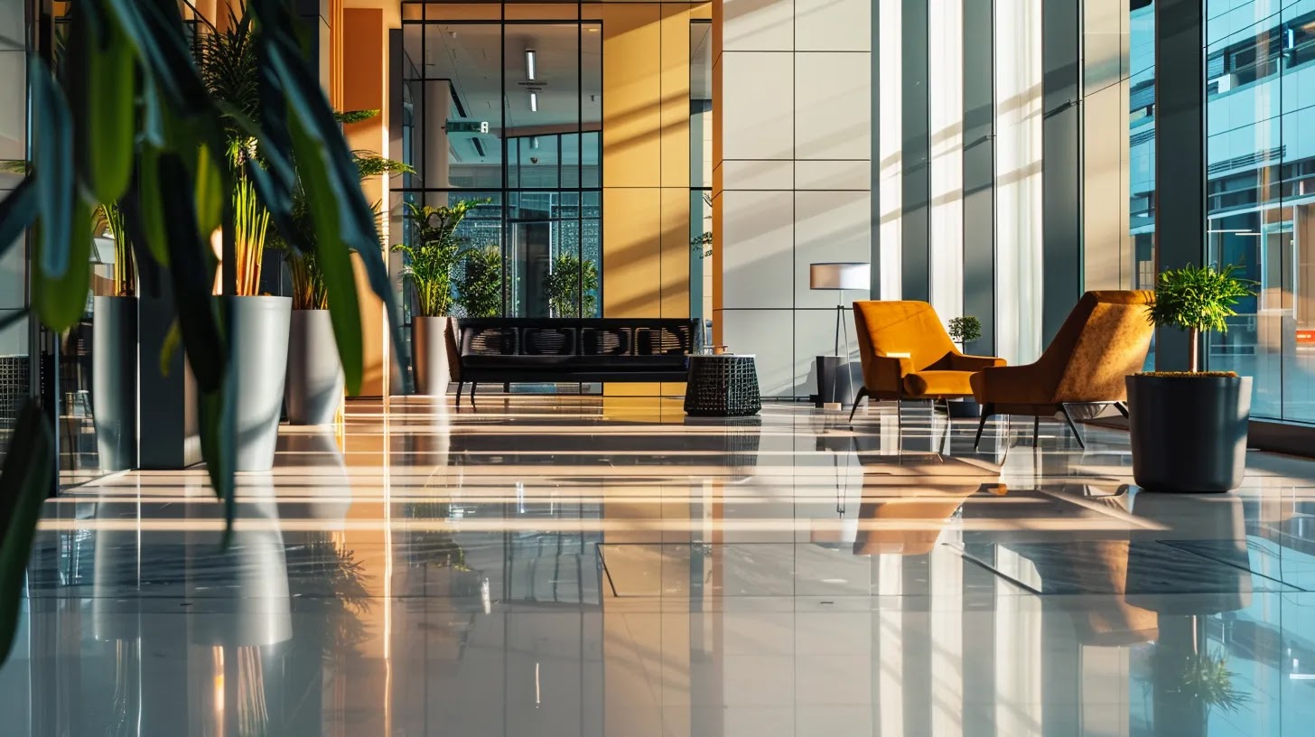 a sleek, modern office space with polished surfaces and immaculate furnishings, highlighting a professional cleaning service in action, ensuring a pristine environment that enhances focus and productivity.