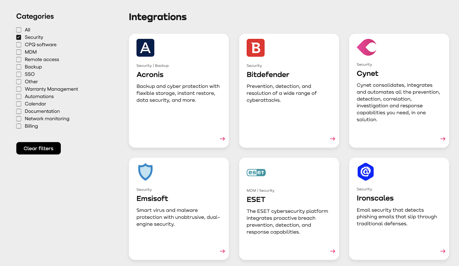 Screenshot of Atera’s security integrations.