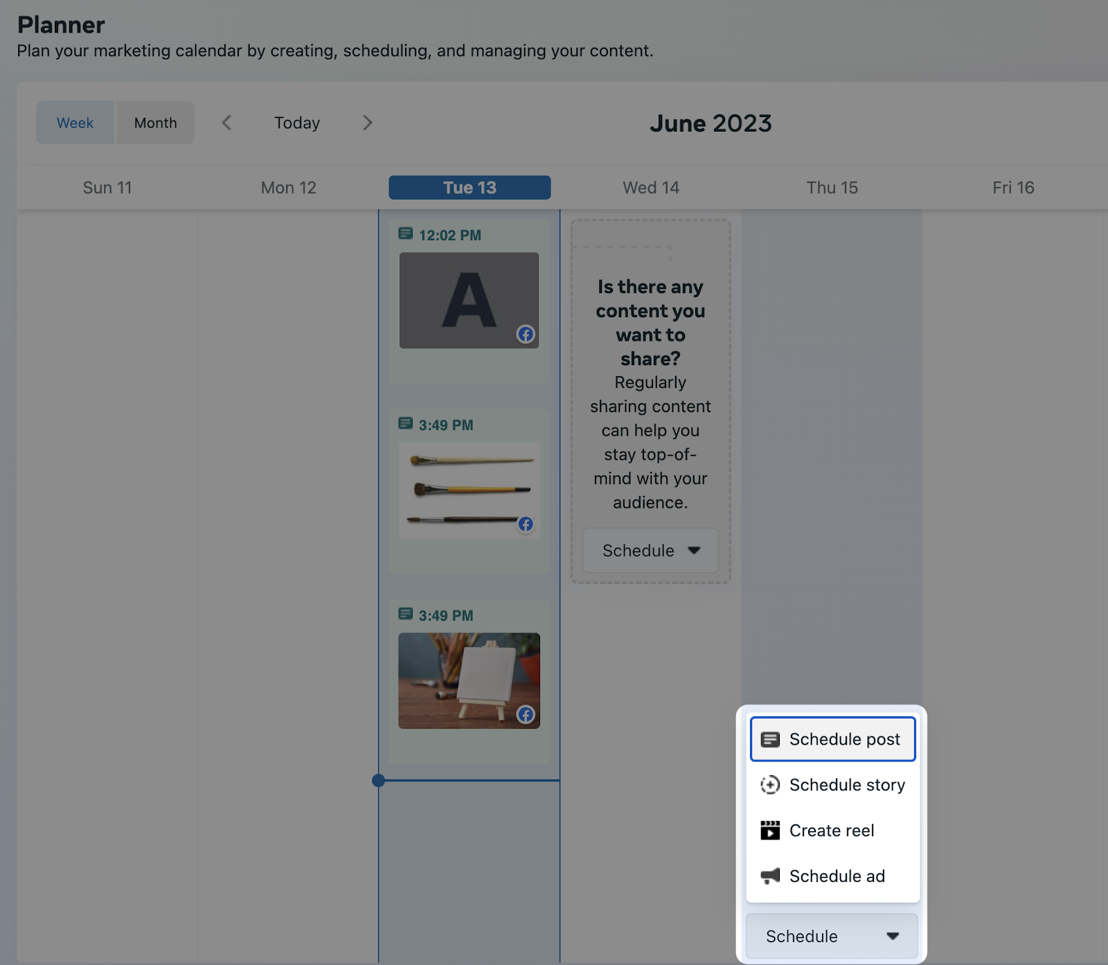 Screenshot of the Meta Business Suite planner, with the Schedule Post option highlighted