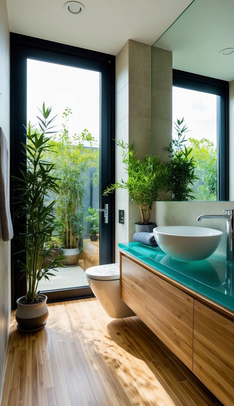 A modern bathroom with eco-friendly materials, such as bamboo flooring, recycled glass countertops, and energy-efficient fixtures. Natural light floods in from a large window, highlighting the greenery and potted plants