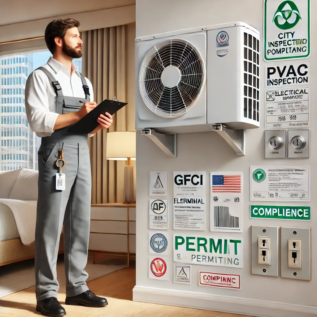 HVAC inspector reviewing PTAC installation with permit stickers, GFCI outlet, and compliance tags in a hotel room.