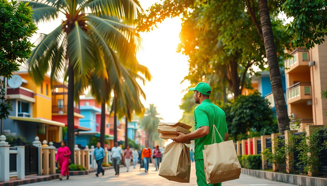 A bustling residential neighborhood in Kurukshetra, India. Rows of colorful houses line the streets, their roofs adorned with satellite dishes. In the foreground, a delivery person in a bright green uniform carries a stack of brown paper grocery bags, navigating the busy sidewalk. Towering palms and lush greenery frame the scene, creating a vibrant, lively atmosphere. The sun filters through the trees, casting a warm, golden glow over the entire setting. Shoppers hurry along the sidewalk, eager to receive their fresh, locally-sourced produce and pantry essentials. The image conveys the convenience and accessibility of comprehensive grocery delivery services in this thriving urban community.