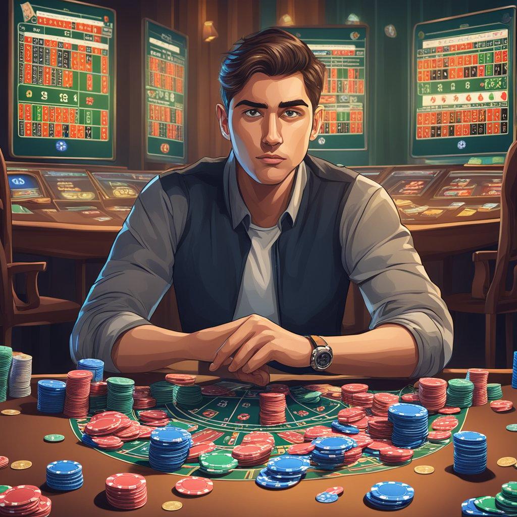 A person sitting at a table, surrounded by gambling chips and cards, with a look of intensity and focus on their face