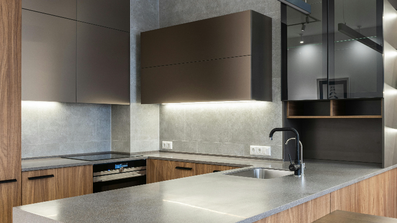 a marbled kitchen with  connect strip tape lighting and custom wire length