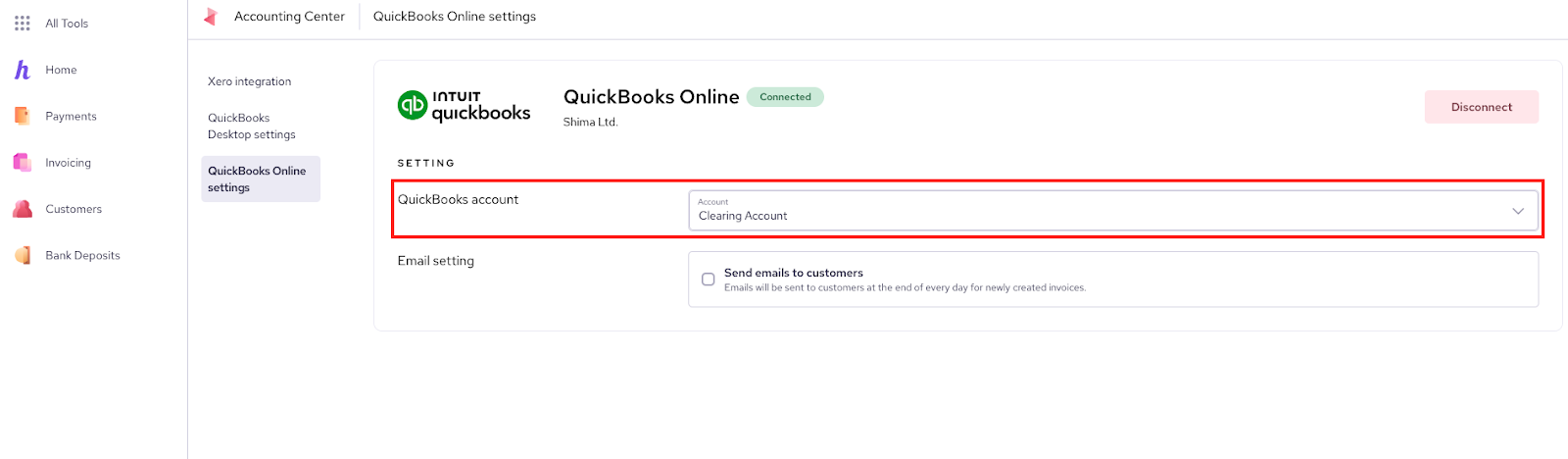 Update Helcim Account to auto deposit transactions to the clearing account we created on QBO.