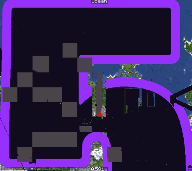 An image from Xaero's world map showing progress on removing netherite from the large logo