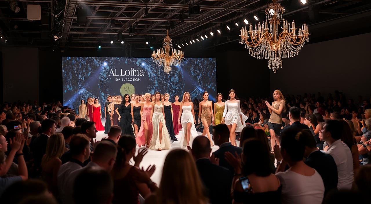 A vibrant fashion runway filled with diverse models showcasing high-fashion outfits, dramatic lighting highlighting their stunning attire, elegant backdrops adorned with sparkling decorations, a captivated audience in the foreground applauding, and an air of glamour and excitement throughout the scene.