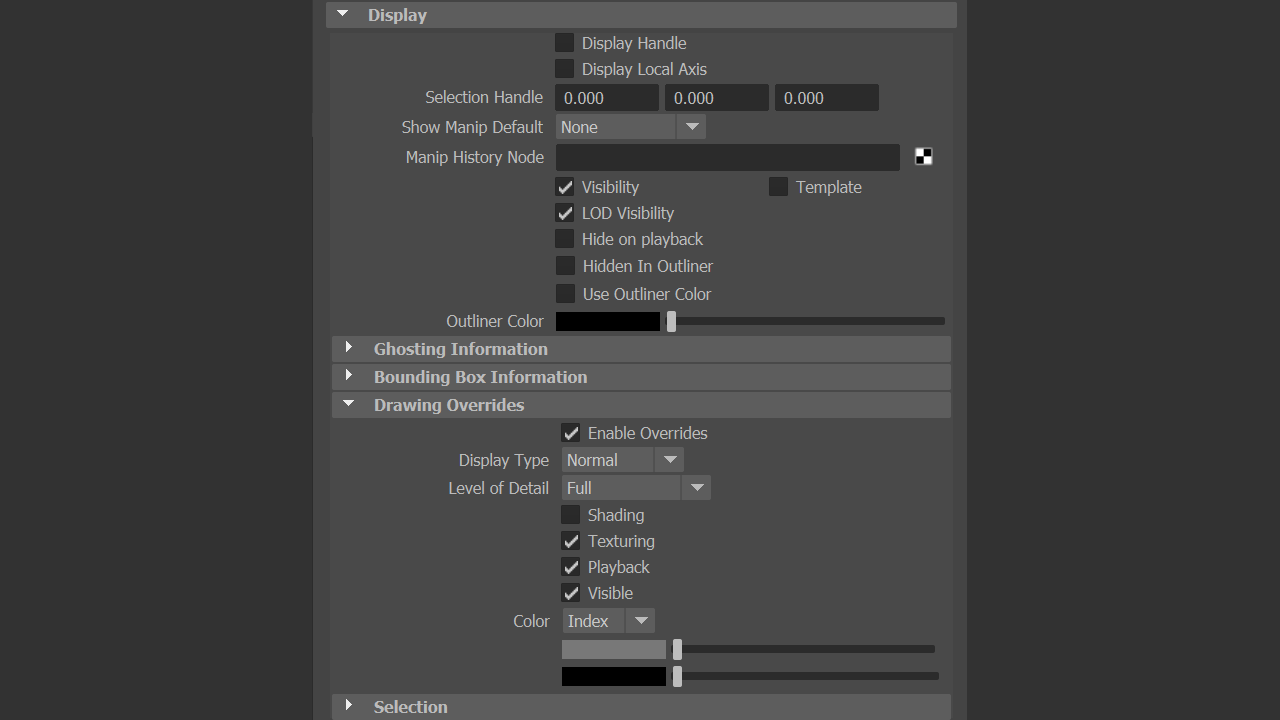 The Drawing Overrides section of the Attribute Editor. The Shading box is not checked.
