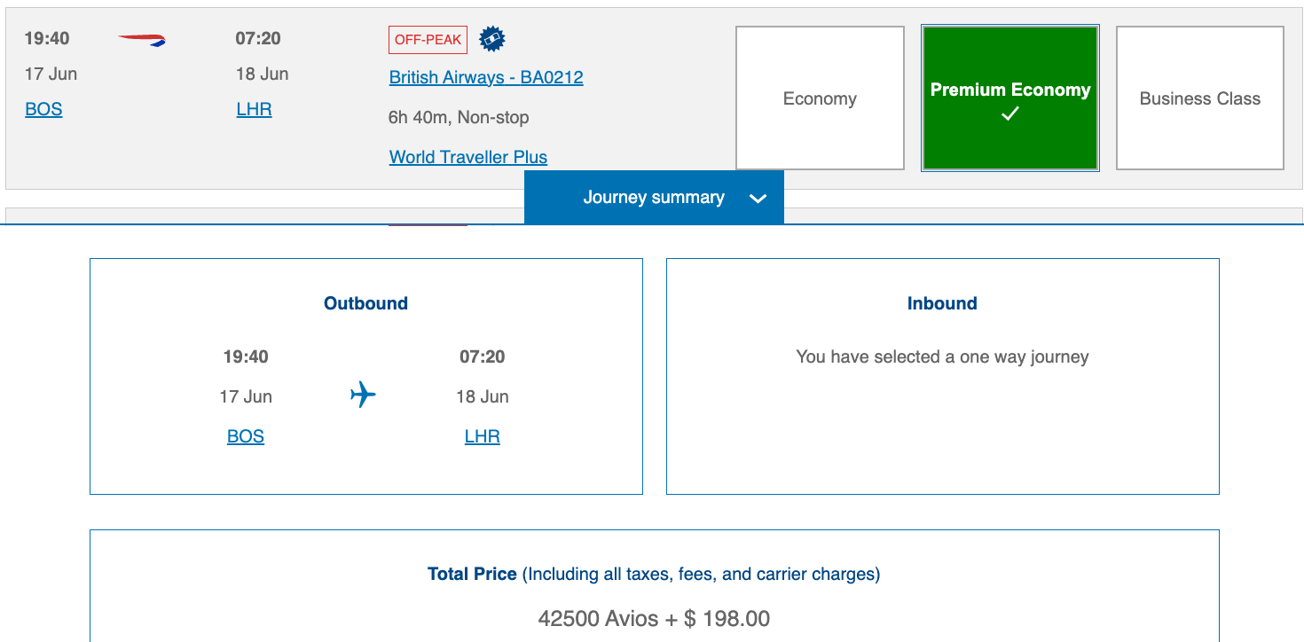 BOS to LHR in premium economy on British Airways