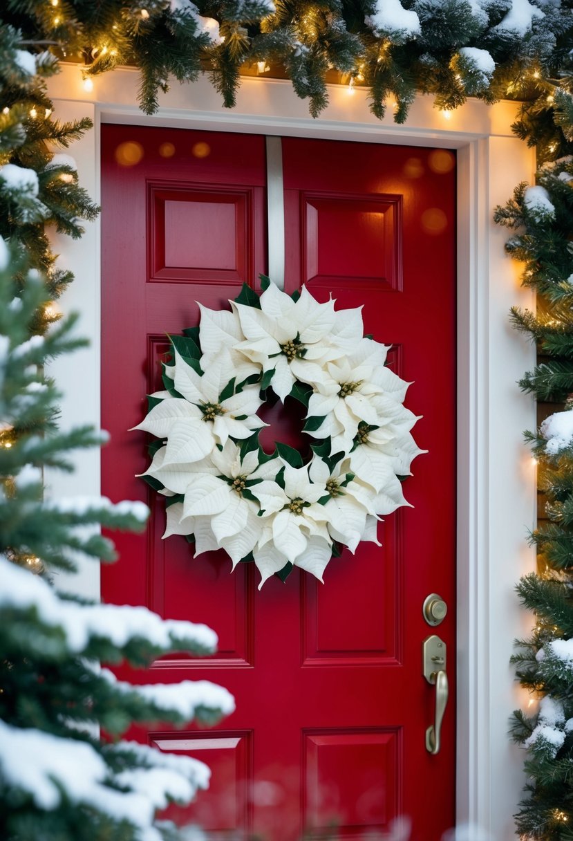 A white poinsettia wreath hangs on a red front door, surrounded by snow-covered evergreen branches and twinkling Christmas lights