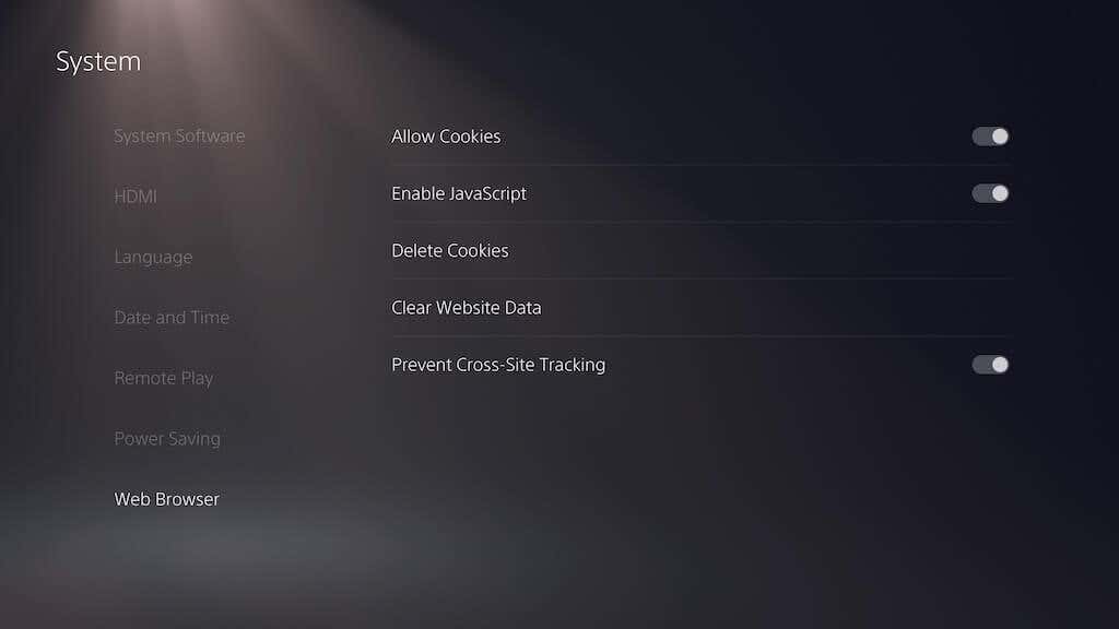 "Web Browser" page in the PS5 system settings menu