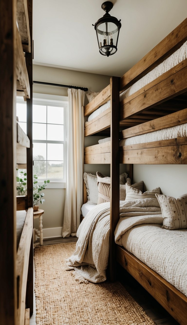 A cozy bunk room with rustic farmhouse decor, featuring wooden bunk beds, soft bedding, and charming vintage accents