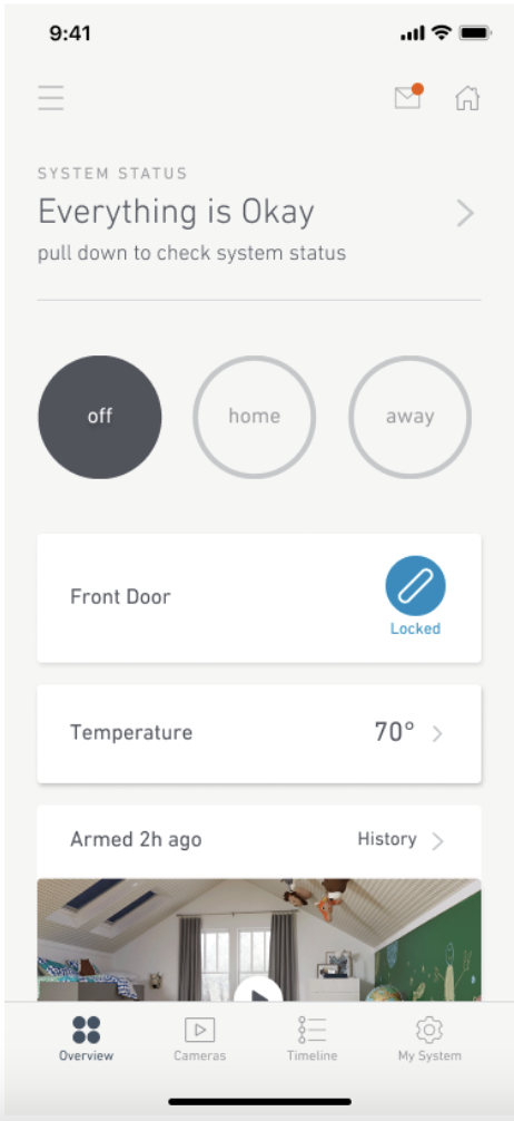 The Overview page of the SimpliSafe® Mobile App showing the Smart Lock's status as Locked.