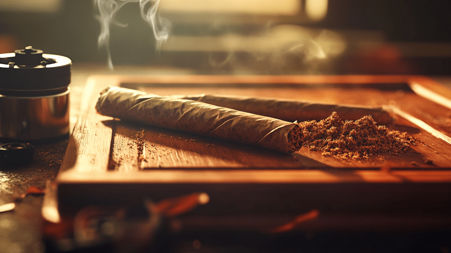 Two perfectly rolled blunts resting on a wooden rolling tray, next to a pile of ground cannabis and a metal grinder. Soft lighting highlights the textures of the blunt wraps.
