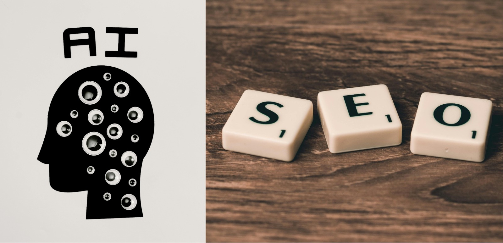 Split image showing AI and SEO sections, highlighting how AI is transforming small business SEO for better visibility and growth.

