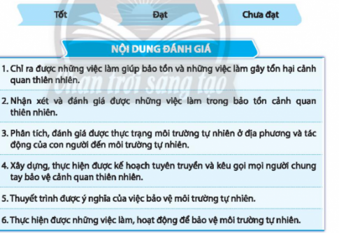 CHỦ ĐỀ 9: BẢO VỆ CẢNH QUAN THIÊN NHIÊN VÀ MÔI TRƯỜNG TỰ NHIÊNNHIỆM VỤ 1: TÌM HIỂU NHỮNG VIỆC LÀM CỦA TỔ CHỨC, CÁ NHÂN TRONG VIỆC BẢO TỒN CẢNH QUAN THIÊN NHIÊN, MÔI TRƯỜNG TỰ NHIÊNBài 1: Chỉ ra những việc làm giúp bảo tồn hoặc gây hại cảnh quan thiên nhiên và giải thích lí do của những việc làm đó...Gợi ý đáp án:Việc làmLí doKhông chặt phá cây (Bảo tồn)Giữ gìn cây xanhXả rác ra khu vui chơi (Gây hại)Làm ô nhiễm môi trường.Bài 2: Thu thập thông tin về những việc làm của các cá nhân, tổ chức trong việc bảo vệ cảnh quan thiên nhiên, môi trường tự nhiênGợi ý đáp án:  Mô hình  Trồng – Chăm sóc – Bảo vệ cảnh quan thiên nhiên