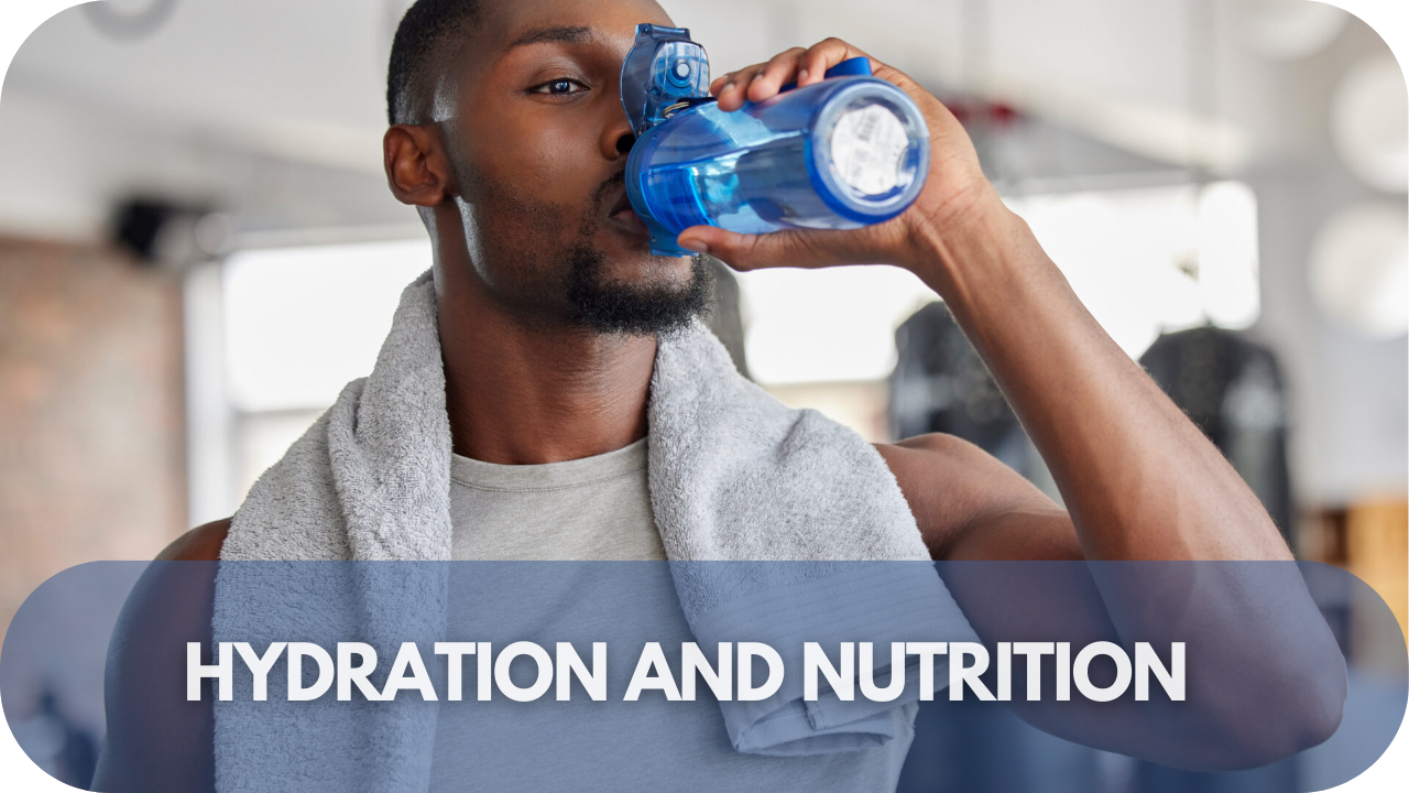 role of hydration and nutrition in faster recovery from muscle soreness, featuring water bottles, healthy meals, and recovery drinks to promote healing and performance