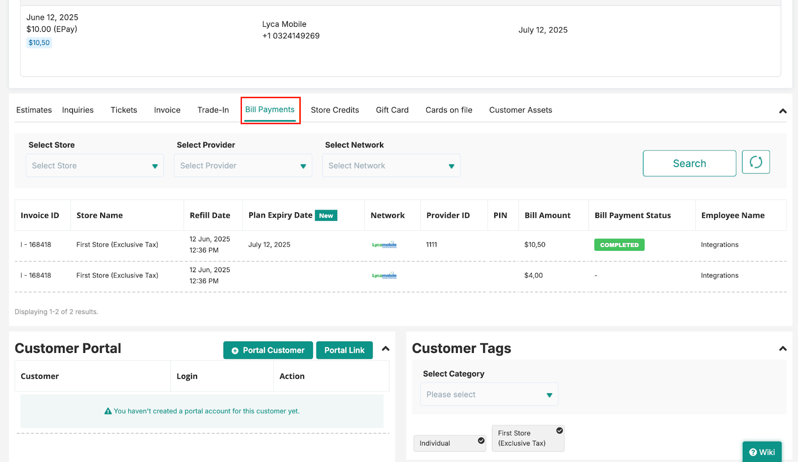 Bill Payments Tab