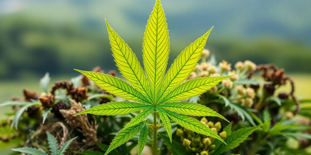 Close-up of a cannabis leaf among herbs.