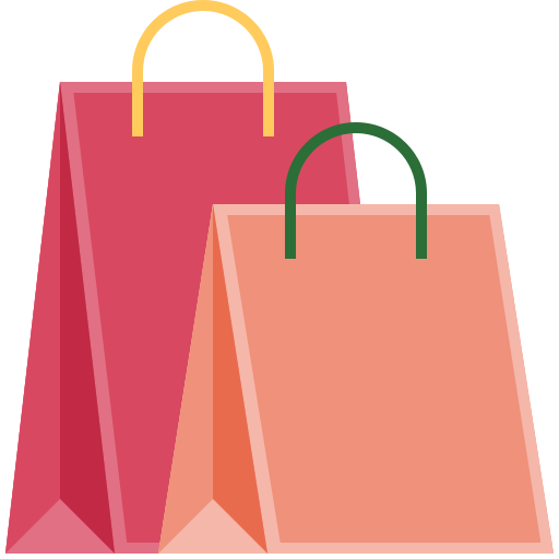 A cartoon drawing of two shopping bags. One is large and pink and the other is smaller and orange.