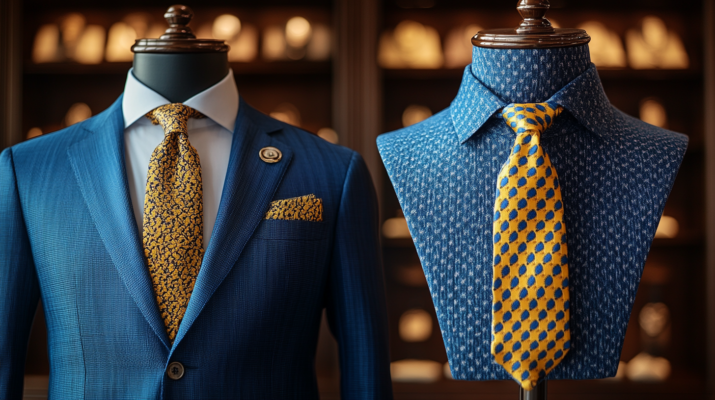 On the left side a mannequin, dressed in a royal blue suit with a yellow tie. On the right side, a mannequin bust displaying only the yellow tie. The background is minimalistic and elegant, with soft lighting emphasizing the fabric details and luxurious appeal.