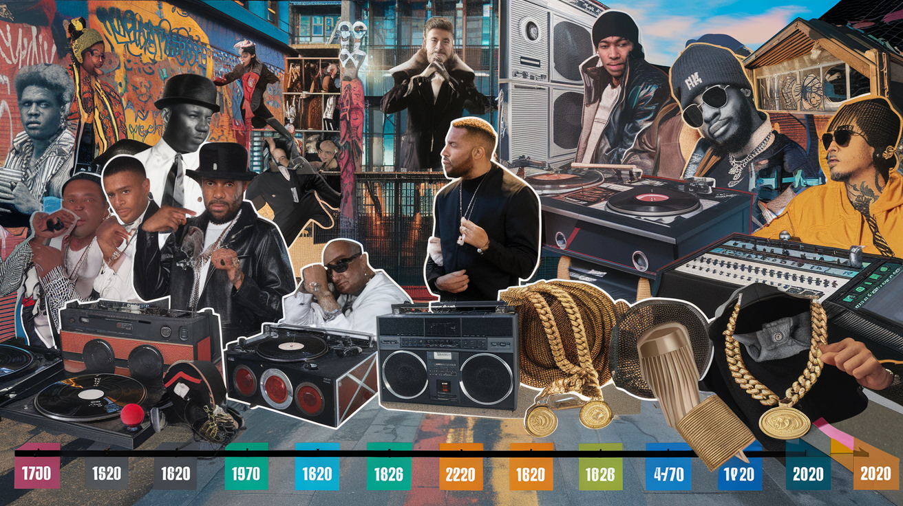 Create a realistic image of a dynamic collage showcasing the evolution of hip hop over 50 years, featuring iconic black artists from different eras, vintage turntables, boomboxes, and modern recording equipment, graffiti-covered walls, breakdancers in action, and gold chains symbolizing success, all set against a vibrant urban backdrop with a timeline spanning from 1970s to 2020s.