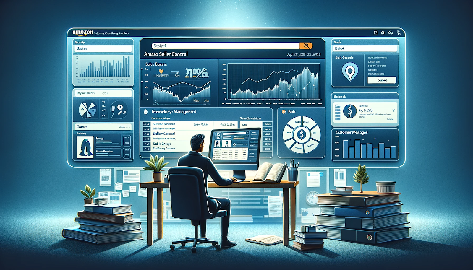 A futuristic digital illustration of a man sitting at a desk, analyzing data on a massive, holographic-style screen displaying the 'Amazon Seller Central' dashboard. The interface includes sales statistics, inventory management, customer messages, and financial metrics, with graphs and charts highlighting performance trends. The man appears focused, working in a dimly lit environment with a glowing blue ambiance.