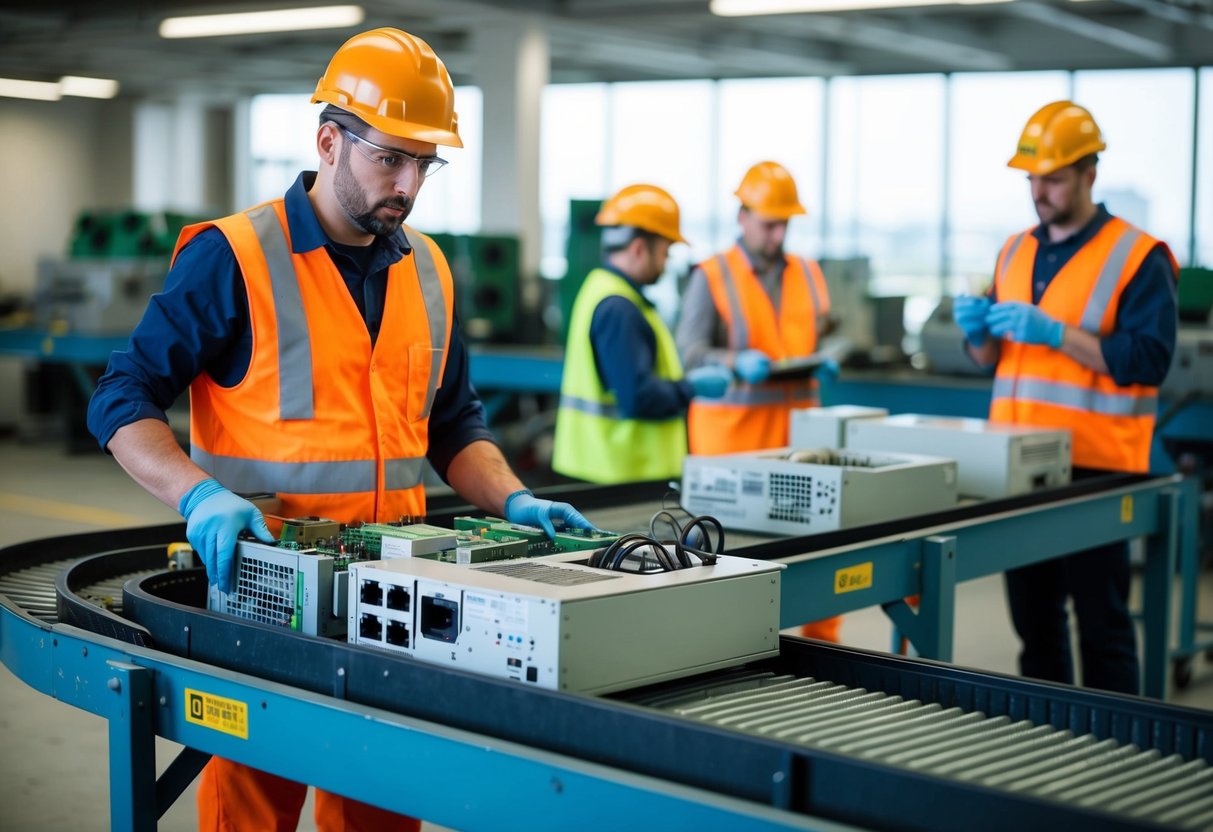 A technician dismantles old telecom equipment for recycling. A conveyor belt moves discarded parts to a sorting area. Workers separate materials for reuse