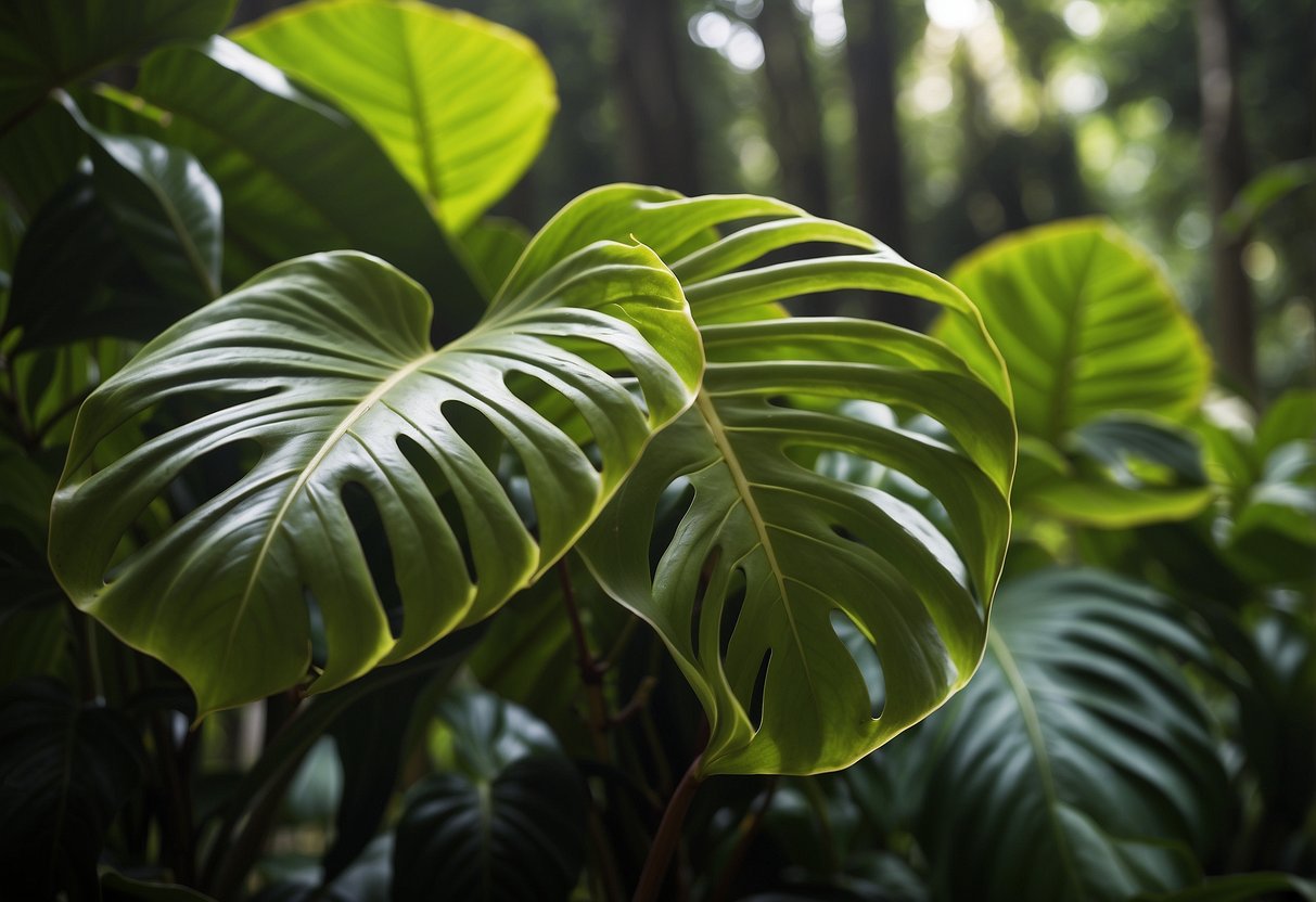 Lush Philodendron Mayoi contrasts with vibrant Tahiti, both thriving in a sunlit jungle setting