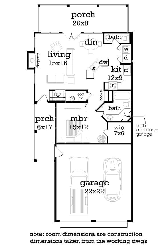 Main level floor plan of a Dell Wood cottage with living room, dining area, kitchen, primary suite, and a double garage.