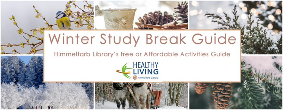 Winter images. Text: Winter Study Break Guide. Himmelfarb's Library's free or affordable activities guide." 