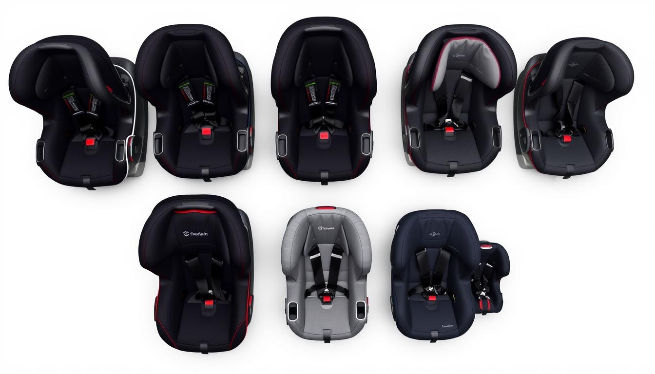 Various lightweight travel car seats arranged for comparison showing size differences