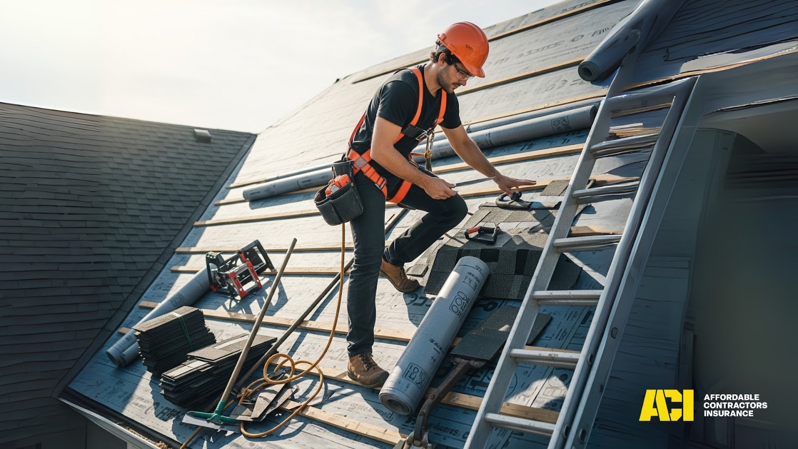 Roofing contractor working with tools on a residential roof under sunny sky