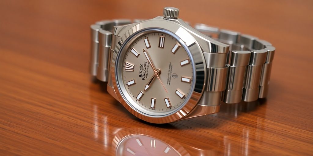 Luxurious Rolex watch on polished wooden surface.