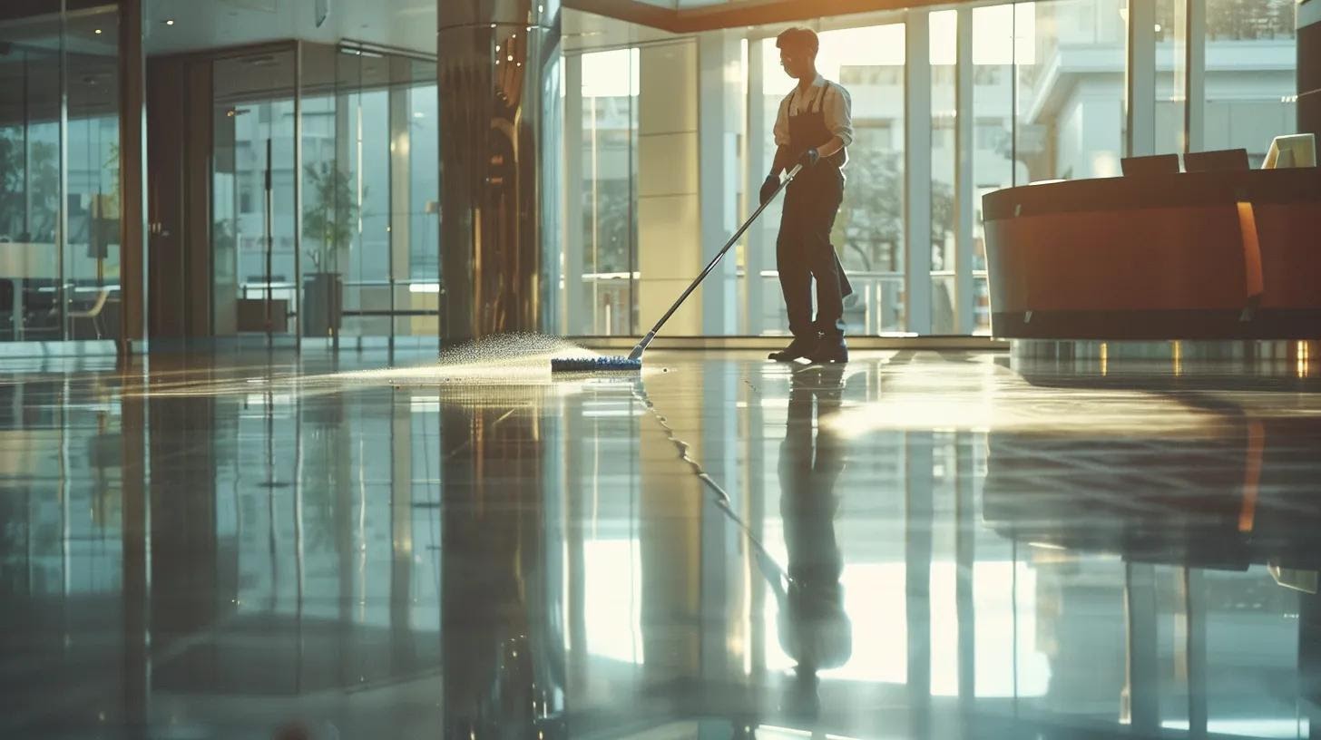 a sleek, modern office space showcases a specialized cleaning service in action, with gleaming surfaces and meticulous organization evident after a thorough post-renovation cleanup.