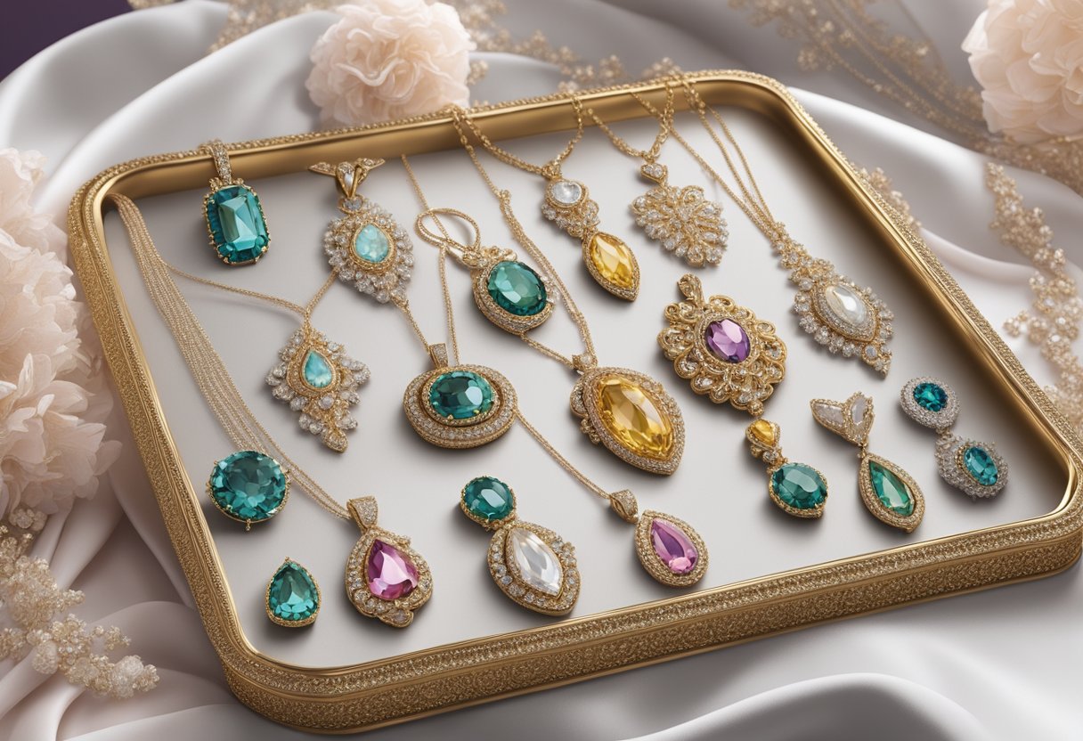 A display of elegant necklaces on a velvet-lined tray, each one sparkling with delicate jewels and intricate designs, set against a backdrop of flowing wedding dresses in various styles and colors