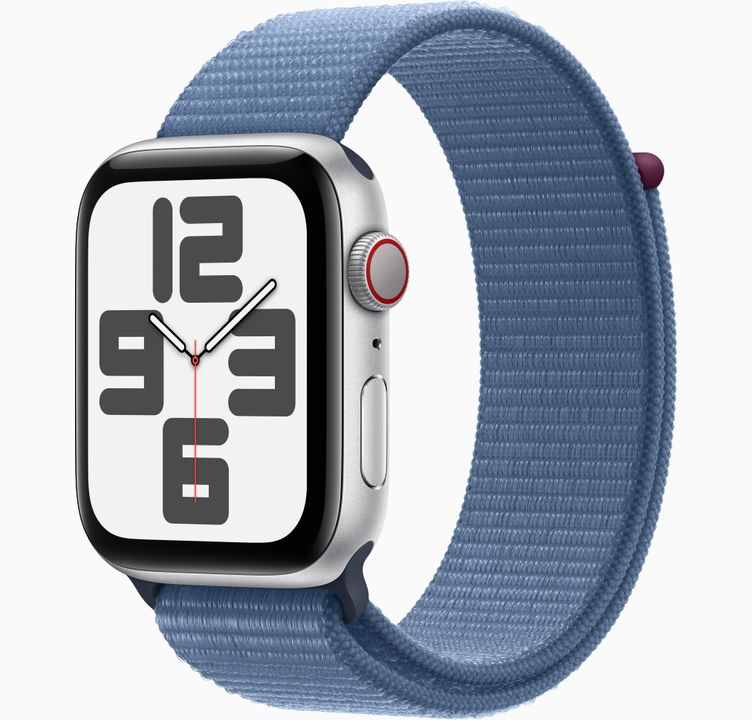 Apple Watch SE GPS + Cellular, Vỏ Nhôm Màu Bạc 44mm với Dây Quấn Thể Thao  Màu Xanh Trời Đông