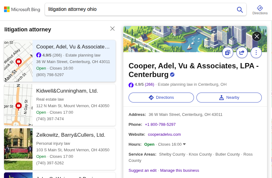 Bing Places profile details