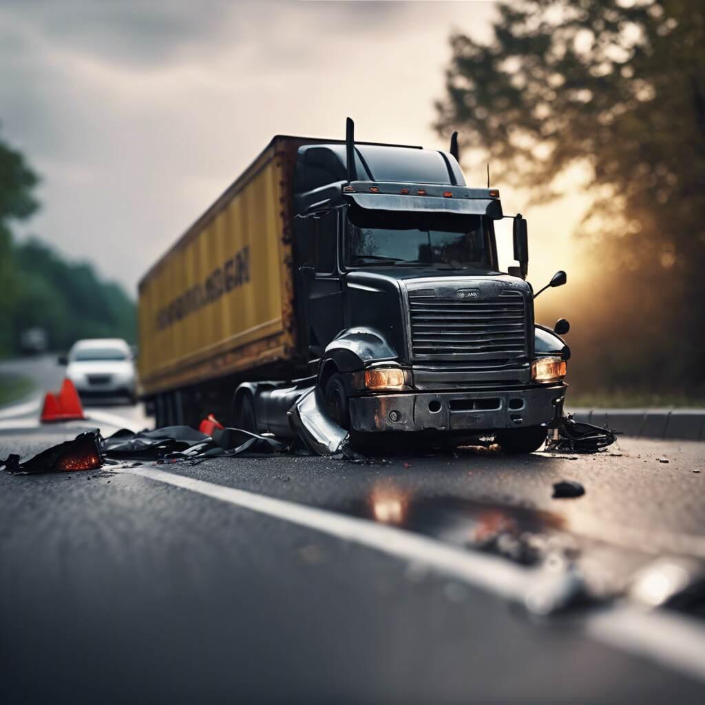 A Truck Accident scene leaving the dmaged truck at the centre of the road. 